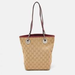 Pre Owned Gucci Beige/Red GG Canvas and Leather Open Tote