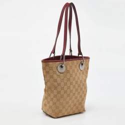 Pre Owned Gucci Beige/Red GG Canvas and Leather Open Tote