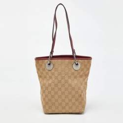 Pre Owned Gucci Beige/Red GG Canvas and Leather Open Tote