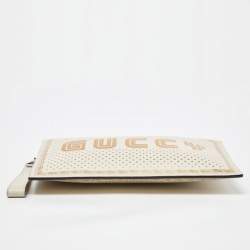Pre Owned Gucci Off-White Leather "Guccy" Zip Wristlet  Pouch