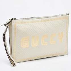 Pre Owned Gucci Off-White Leather "Guccy" Zip Wristlet  Pouch