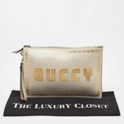 Pre Owned Gucci Off-White Leather "Guccy" Zip Wristlet  Pouch