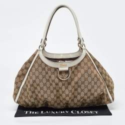 Pre Owned Gucci Beige/White GG Canvas and Leather Large Abbey D Ring Shoulder Bag