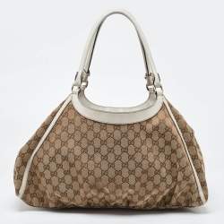 Pre Owned Gucci Beige/White GG Canvas and Leather Large Abbey D Ring Shoulder Bag