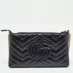 Pre Owned Gucci Black Matelassé Leather GG Marmont Chain Clutch