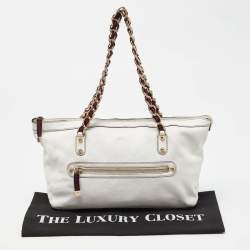 Pre Owned Gucci White Leather Front Zip Chain Tote