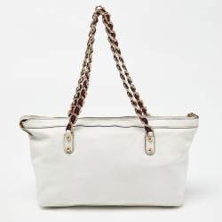 Pre Owned Gucci White Leather Front Zip Chain Tote