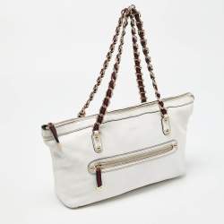 Pre Owned Gucci White Leather Front Zip Chain Tote