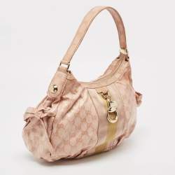مملوكة مسبقًا Gucci Pink GG Crystals Canvas Horsebit Charm Web Hobo