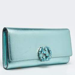 Pre Owned Gucci Metallic Leather Crystal Interlocking G Broadway Clutch