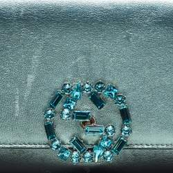 Pre Owned Gucci Metallic Leather Crystal Interlocking G Broadway Clutch