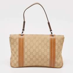 Pre Owned Gucci Beige/Brown GG Canvas and Leather Flap Top Handle Bag