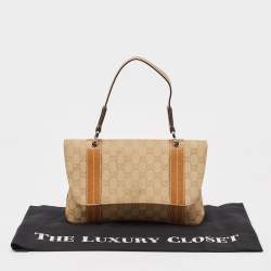 Pre Owned Gucci Beige/Brown GG Canvas and Leather Flap Top Handle Bag
