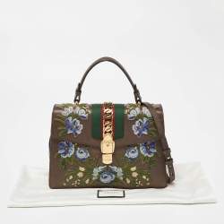 Gucci Brown Floral Embroidered Leather Medium Sylvie Top Handle Bag