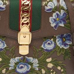 Gucci Brown Floral Embroidered Leather Medium Sylvie Top Handle Bag