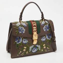 Gucci Brown Floral Embroidered Leather Medium Sylvie Top Handle Bag