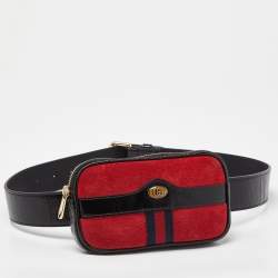 Pre Owned Gucci Red/Black Suede and Patent Leather Ophidia Belt Bag