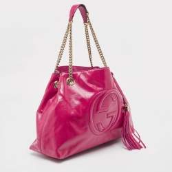 Pre Owned Gucci Magenta Patent Leather Medium Soho Chain Tote