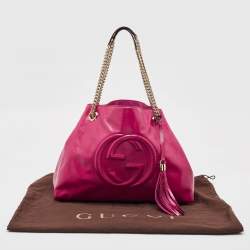 Pre Owned Gucci Magenta Patent Leather Medium Soho Chain Tote
