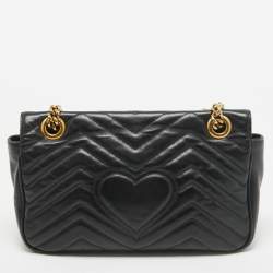 Pre Owned Gucci Black Matelassé Leather Small GG Marmont Shoulder Bag