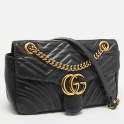 Pre Owned Gucci Black Matelassé Leather Small GG Marmont Shoulder Bag