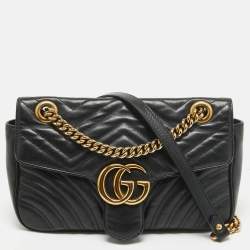 Pre Owned Gucci Black Matelassé Leather Small GG Marmont Shoulder Bag