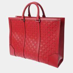 Pre Owned Gucci Red Guccissima Leather Large Signature Convertible Top Handle Tote Bag