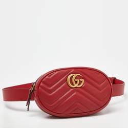 Pre Owned Gucci Red Matelassé Leather GG Marmont Belt Bag