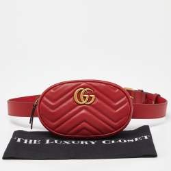 Pre Owned Gucci Red Matelassé Leather GG Marmont Belt Bag