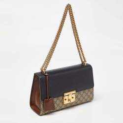 Pre Owned Gucci Beige/Black GG Supreme Canvas and Leather Medium Padlock Shoulder Bag