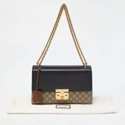 Pre Owned Gucci Beige/Black GG Supreme Canvas and Leather Medium Padlock Shoulder Bag