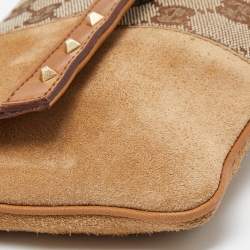 Pre Owned Gucci Two Tone Beige GG Canvas, Suede and Leather Flap Pochette 