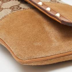 Pre Owned Gucci Two Tone Beige GG Canvas, Suede and Leather Flap Pochette 