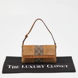 Pre Owned Gucci Two Tone Beige GG Canvas, Suede and Leather Flap Pochette 
