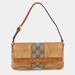 Pre Owned Gucci Two Tone Beige GG Canvas, Suede and Leather Flap Pochette 