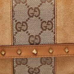 Pre Owned Gucci Two Tone Beige GG Canvas, Suede and Leather Flap Pochette 
