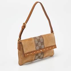 Pre Owned Gucci Two Tone Beige GG Canvas, Suede and Leather Flap Pochette 