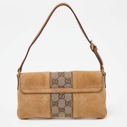 Pre Owned Gucci Two Tone Beige GG Canvas, Suede and Leather Flap Pochette 