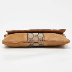 Pre Owned Gucci Two Tone Beige GG Canvas, Suede and Leather Flap Pochette 