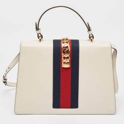 Gucci White Leather Floral Embroidered Medium Sylvie Top Handle Bag