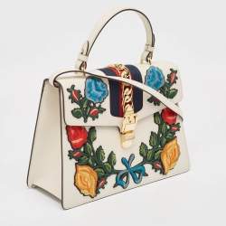 Gucci White Leather Floral Embroidered Medium Sylvie Top Handle Bag