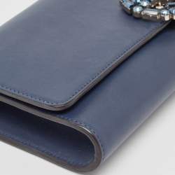 Pre Owned Gucci Dark Blue Leather GG Crystals Broadway Clutch