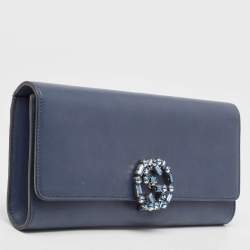 Pre Owned Gucci Dark Blue Leather GG Crystals Broadway Clutch