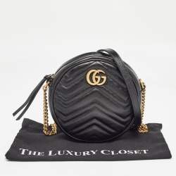Pre Owned Gucci Black Matelassé Leather Mini GG Marmont Round Shoulder Bag