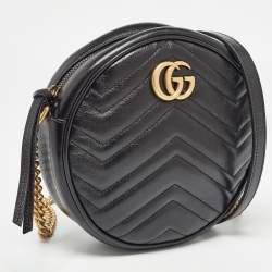 Pre Owned Gucci Black Matelassé Leather Mini GG Marmont Round Shoulder Bag