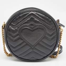Pre Owned Gucci Black Matelassé Leather Mini GG Marmont Round Shoulder Bag