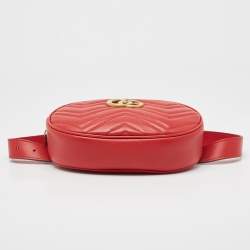 Pre Owned Gucci Red Matelassé Leather GG Marmont Belt Bag