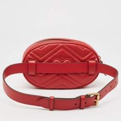 Pre Owned Gucci Red Matelassé Leather GG Marmont Belt Bag