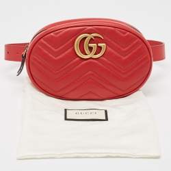 Pre Owned Gucci Red Matelassé Leather GG Marmont Belt Bag