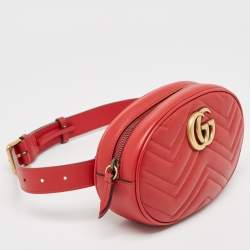 Pre Owned Gucci Red Matelassé Leather GG Marmont Belt Bag